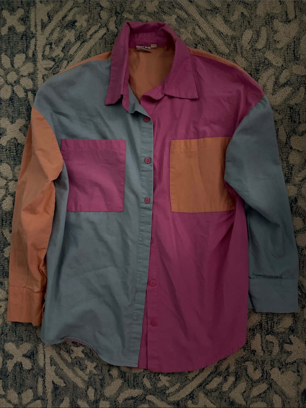 Colorblock Lightweight Button-Up Shirt in Pink, Blue & Orange